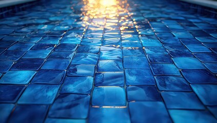 Obraz premium Blue ceramic tile wall background, close-up. Minimalist interior design of a modern bathroom or kitchen with blue tiles as decoration