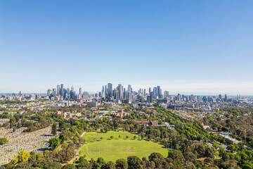 An Aerial view of Carlton and Melbourne on a sunny summer afternoon. 