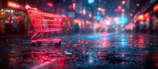 Shopping Cart in a Neon Rain-Drenched City