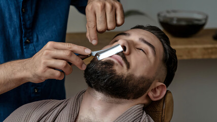 Fototapeta premium a man getting his beard groomed at a barbershop