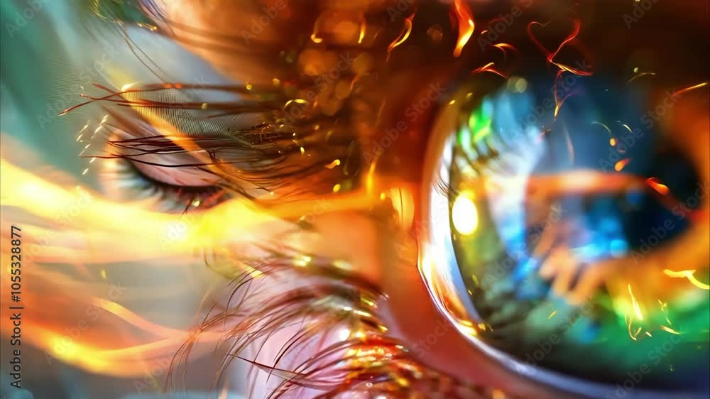 Poster a close-up of an eye with vibrant colors and dynamic light effects, creating a visually striking and