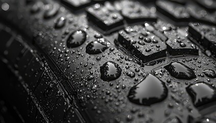 Close-up of the rubber surface and pattern on a new tire with water droplets, symbolizing performance in rainy conditions.