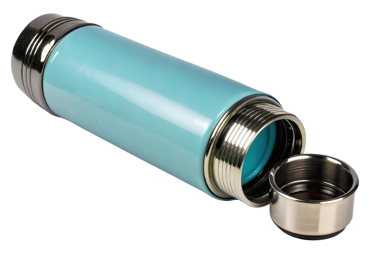 Light blue thermos with cap removed isolated with transparent background