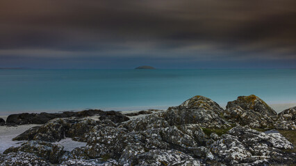 A long exposure shot of the coastline of Eriskay in the Outer Hebrides of Scotland.