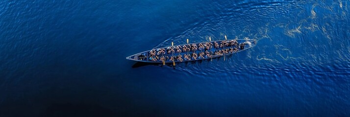 Aerial View of a Traditional Long Boat with a Team of Paddlers Synchronized Rowing, Teamwork Concept