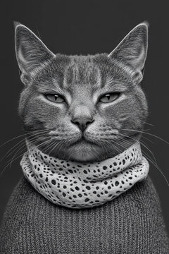 A serious cat wearing a knitted scarf gives a stern look directly at the camera. The monochrome effect accentuates the intensity and clarity of the gaze and fabric.