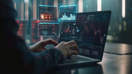 Fototapeta premium Data Analysis and Financial Trading with a Laptop and Charts