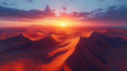 Aerial view of a desert landscape with a vibrant sunset casting warm light across the sand dunes.