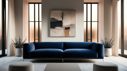 Fototapeta premium Vibrant and Soothing Living Room with Abstract Artwork and Teal Sofa