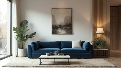 Vibrant and Soothing Living Room with Abstract Artwork and Teal Sofa