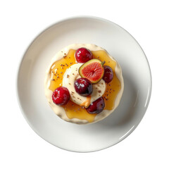 Ultra-realistic UHD photo of fig and honey yogurt parfait isolated on a transparent background, viewed from above with clear contours and lifelike accuracy for an inviting dessert presentation.  