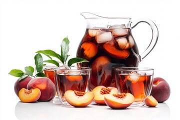 Refreshing peach iced tea served with fresh peaches and ice in clear glasses on a bright table setting