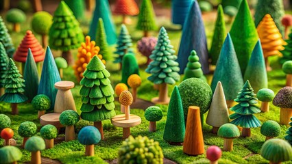 Fototapeta premium Handmade Wooden Forest Toy Set - Colorful Trees, Plants, and Eco-Friendly Playtime for Kids - Creative Learning and Imaginative Play - Perfect Gift Idea