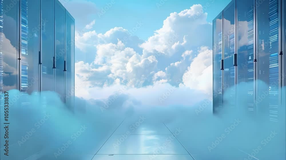 Poster a futuristic data center or server room surrounded by clouds and a clear blue sky, creating a surrea
