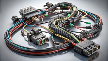 High-Quality 3D Render of a Side-by-Side Fuel Pump Wiring Harness for Automotive Product Photography, Featuring Detailed Components and Realistic Textures for Marketing Use