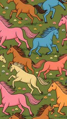 Seamless pattern background with colourful cartoon horses