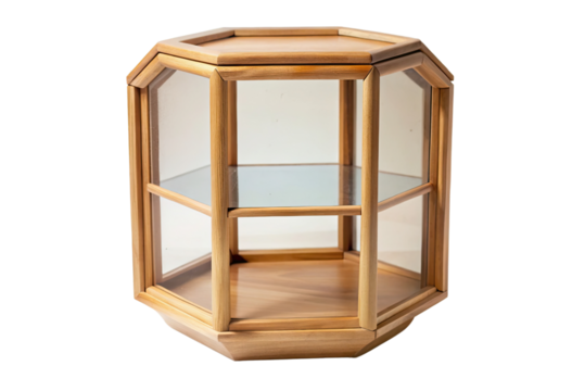 Wooden hexagonal display case isolated with transparent background