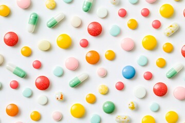 A colorful array of health supplements displayed neatly against a light background showing various shapes and sizes of capsules and gummies