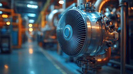 Fototapeta premium Close-up of a Shiny Industrial Machine Fan in a Factory Setting