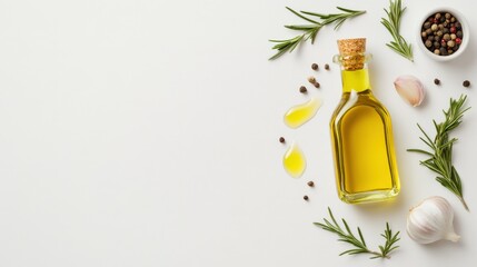 Olive oil bottle with herbs, garlic, and spices on white isolated background.