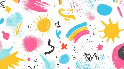 Obraz premium Colorful Hand-Drawn Kid's Pattern with Stars, Suns, and Shapes