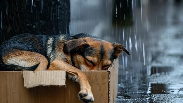 A homeless stray dog curled up in a cardboard box on a rainy sidewalk, with water droplets hitting the ground.