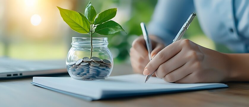 Asian Businesswoman Writing Down Her Financial Goals and Savings Plan in a Notebook Strategizing for Future Growth and Investment Opportunities