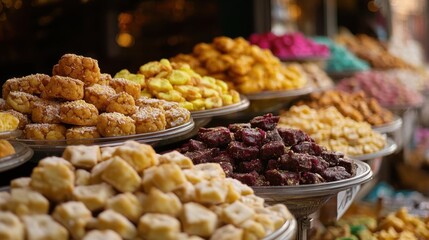 Fototapeta premium Annakut. Assortment of traditional Indian sweets on display in street market.
