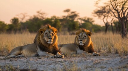 National Leon Day. Two majestic male lions resting in African savanna at sunset