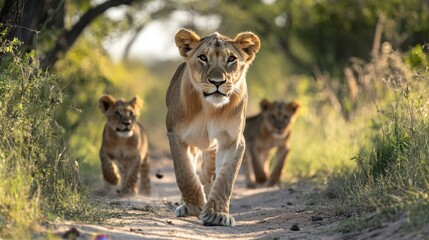 Majestic Lioness Leading Cubs on a Serene Savanna Path. National Leon Day