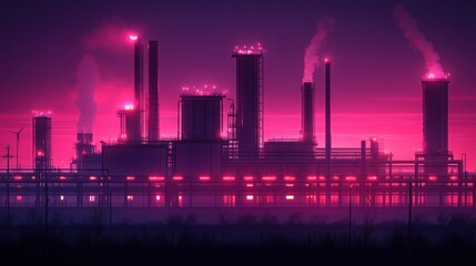 A Neon-Lit Industrial Complex at Dusk