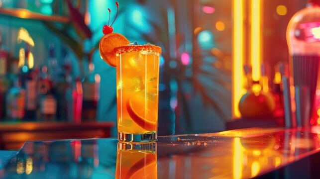 National Harvey Wallbanger Day. Vibrant Cocktail in Retro-Inspired Bar Setting - Powered by Adobe