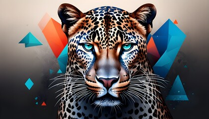 Intense gaze of a leopard with piercing blue eyes, adorned with water drops and surrounded by scattered orange particles against a dark, moody backdrop