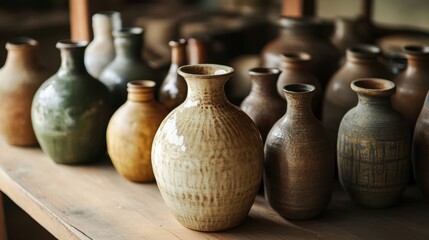 National Harvey Wallbanger Day. Shelf of Clay Jars in Rustic Workshop