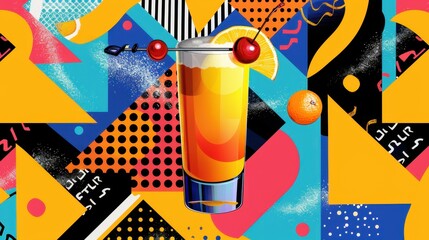 National Harvey Wallbanger Day. Retro Graphic Art of a Citrus Cocktail with Cherry