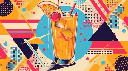 National Harvey Wallbanger Day. Retro Graphic Art of a Citrus Cocktail with Cherry
