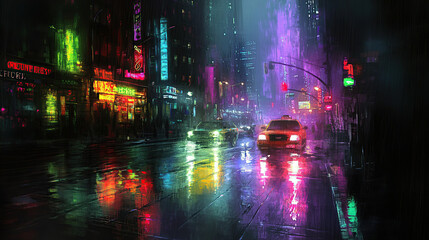 Vibrant Neon-Lit City Street at Night in the Rain