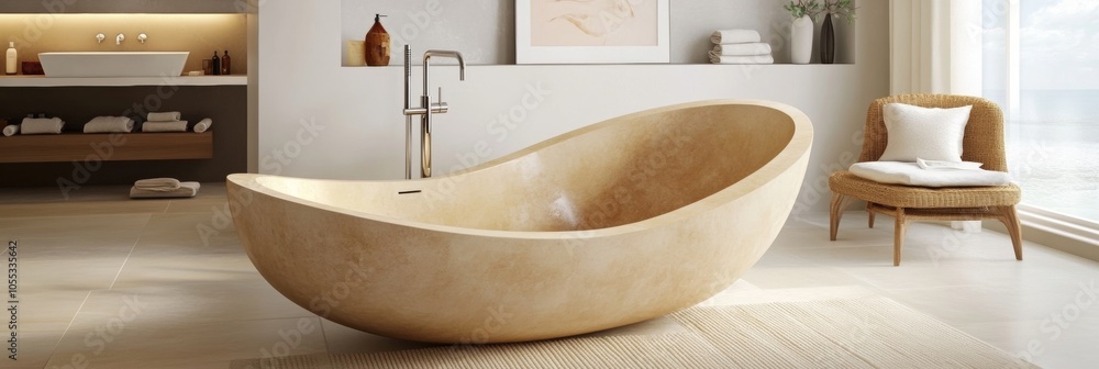 Wall mural Natural Stone Bathtub in a Modern Bathroom, Minimalist Interior Design for a Relaxing Ambiance.