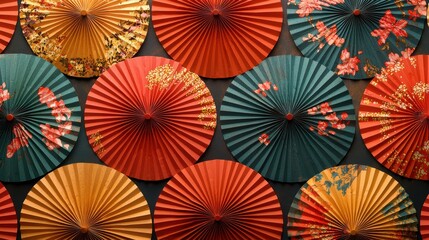 Colorful paper umbrellas arranged in a pattern.