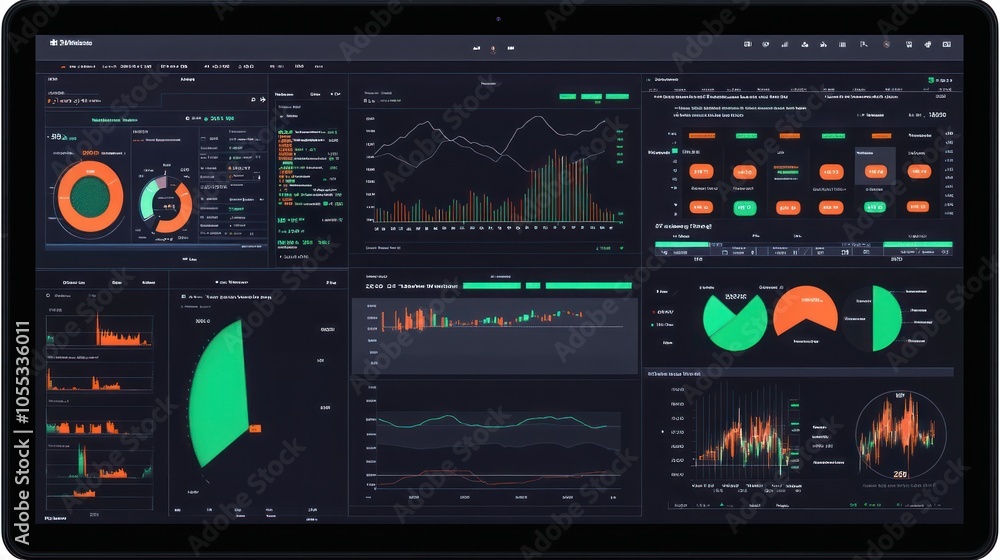 Aufkleber a tablet screen displaying a variety of charts and graphs, likely used for business analysis or data
