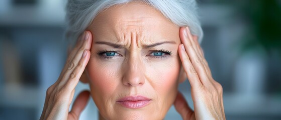 Fototapeta premium Frustrated and anxious middle aged woman pressing her forehead with her hands showing expression of pain and discomfort from a severe headache or migraine Concept of health issues mental stress