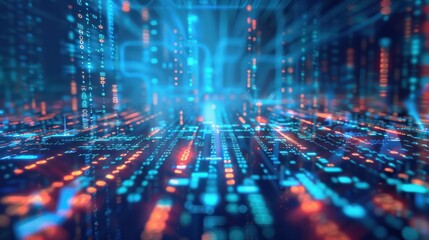 Abstract Digital Landscape with Glowing Lines and Binary Code