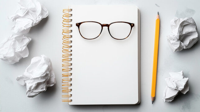 Open spiral notebook with glasses on top surrounded by a pencil and crumpled paper balls on a gray surface