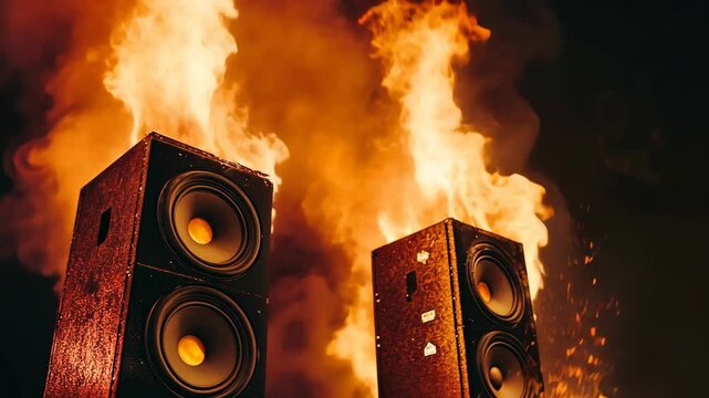 Two large speakers are engulfed in flames, creating a dramatic and fiery scene