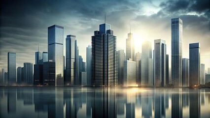 Fototapeta premium Abstract cityscape at dusk with a gray sky and tall skyscrapers, concrete jungle, tall buildings