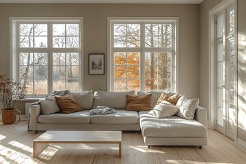 Modern Scandinavian interiors in the living room with windows visible and corner sofas and tables. Generative AI

