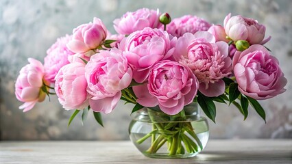A close-up of delicate pink peony flowers arranged in a beautiful vase filled with fresh greenery and branches, pink flowers, floral art