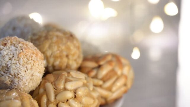 Panellets Dessert traditional sweet from Catalonia, Spain; celebration 1 November, All Saints' Day.
