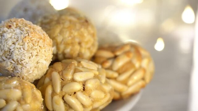 Panellets Dessert traditional sweet from Catalonia, Spain; celebration 1 November, All Saints' Day.