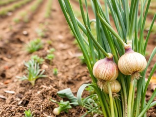 Fototapeta premium A close-up shot of a lush field filled with ripe onion plants ready for harvest under the golden sunlight of late afternoon, healthy eating, agriculture, agriculture background